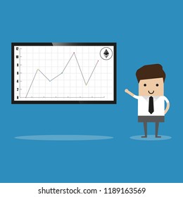 The businessman points to the growth graph of the crypto currency. Ethereum.