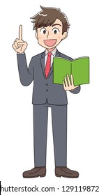 A businessman points with his index finger. He has a book in his hand.