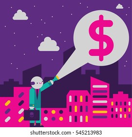 A businessman points his light into the night and discovers a money icon
