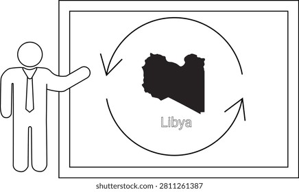 A businessman points to a map of Libya displayed on a whiteboard with circular arrows indicating a process or cycle.