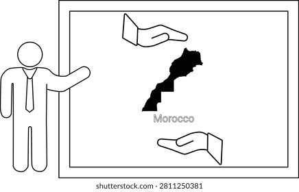 A businessman points to a map of Morocco on a whiteboard, with two hands offering support.