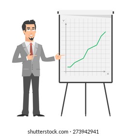 Businessman points on flip-chart