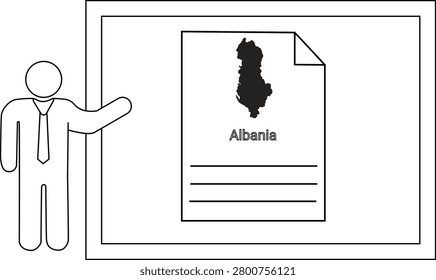 A businessman points to a presentation screen displaying the map of Albania and some text.