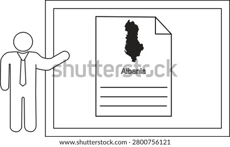 A businessman points to a presentation screen displaying the map of Albania and some text.