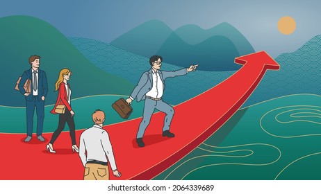 Businessman points the right way to his teamwork