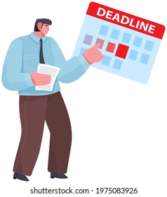 Businessman points to schedule with deadline for completion of work. Male character planning his schedule to finish task on time. Man deal with deadlines, assignments scheduling, work organization