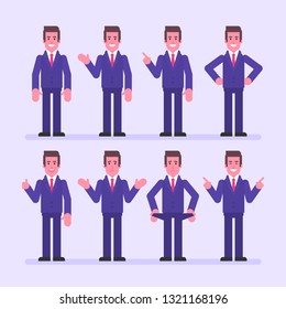 Businessman points and shows. Character set. Vector Illustration