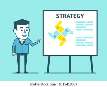Businessman points to strategy plan on whiteboard. Business strategy report, presentation. Simple style vector illustration