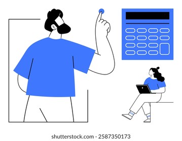Businessman points upwards and woman using laptop while sitting, large calculator icon. Ideal for teamwork, business analysis, education, planning, data presentation, financial computing