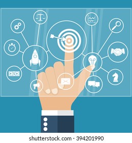 Businessman points to the virtual touch screen keyboard on the system of business strategy concept. Modern computer technology. Vector illustration flat design style. Planning, analysis, startup.