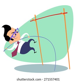 Businessman Pole Vault Height. The Image Of Business As A Sport. Businessman In Sports Situations