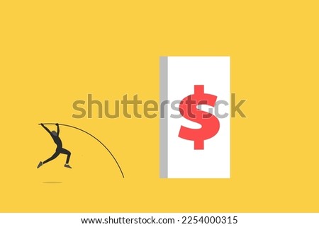 Businessman pole vault jumping dollar. Concept of success, Business challenge, revenue rebound and recover from economic crisis or earning and profit growth jump.