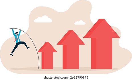 Businessman pole vault jumping rising red arrow, business concept illustration

