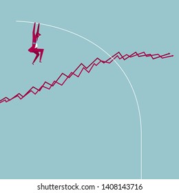 Businessman pole vault, stock data. Isolated on blue background.