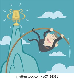 Businessman pole vaulting to achieve his goal