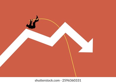 Businessman pole vaulting over a falling arrow. Jumping over the recession, Stocks fall, Overcoming financial problems, Coping with risks