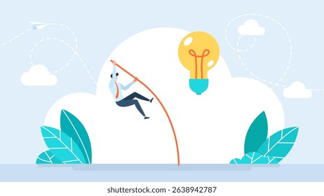 A businessman is pole vaulting, trying to reach an idea. Man jumping use pole vault over target metaphor of exceeding the target. Businessman pole vault jumping. Business concept. Vector illustration