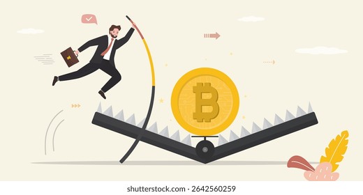 Сonfident businessman pole vaults through financial crypto animal trap. Bitcoin as bait for inexperienced traders. Instability in cryptocurrency market. Fake crypto coins lead to bankruptcy. vector