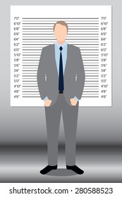 Businessman in police lineup backdrop, illustration, vector.