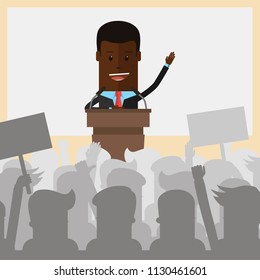Businessman or politician afro american speaking from the rostrum in front of viewers. Vector Illustration