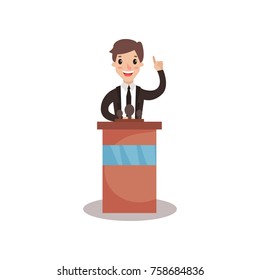 Businessman or politician character standing at tribune with microphone and giving a speech, public speaker, political debates vector Illustration