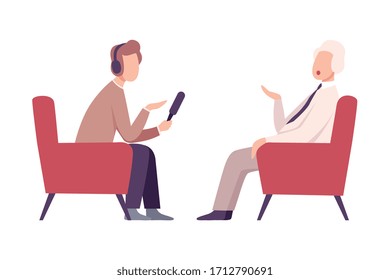 Businessman or Politician Giving an Interview in the Presence of Male Journalist with Microphone at Press Conference, Live Report Flat Vector Illustration