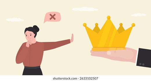 Mão de empresário ou político dá coroa de ouro, mas mulher pensante se recusa. Igualdade, proibição de privilégios e luxo. Recusa de status VIP ou conta premium. ilustração vetorial plana