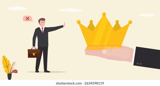 Mão de empresário ou político dá coroa de ouro, mas pensar homem inteligente se recusa. Igualdade, proibição de privilégios e luxo. Recusa de status VIP ou conta premium. ilustração vetorial plana