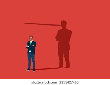 Businessman or politician with long nose lier talk about fake news. Politician lies about truth. Flat vector illustration