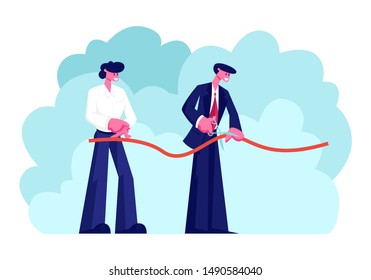 Businessman or Politician and Man Colleague Characters Hold Scissors Cutting Red Ribbon During Grand Opening Ceremony Celebration, Store Open Presentation Event. Cartoon Flat Vector Illustration