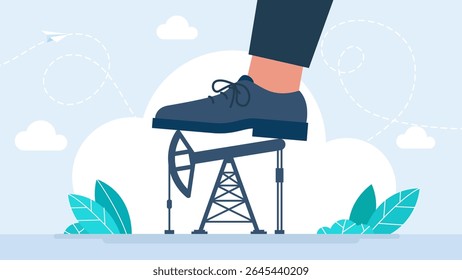 Um empresário ou político põe o pé na indústria petrolífera. Extração de petróleo bruto da indústria petrolífera e remoção de instalação de abóbora. Ilustração vetorial