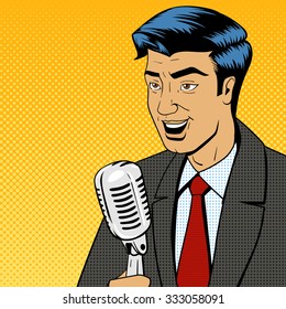 Businessman politician speaker singer man with microphone pop art retro style comic book vector illustration