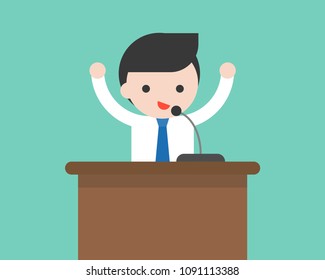 Businessman or politician speaking on podium with microphone, flat design business situation concept