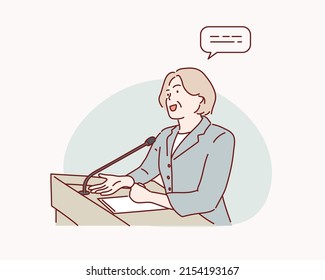 Businessman or politician speaking at the podium. Hand drawn style vector design illustrations.