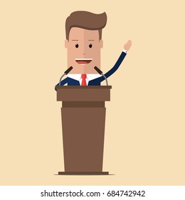 Businessman or politician in suit at tribune with microphones making a speech. Orator or narrator, spokesman or leader at debates or presentation for audience. Business meeting or conference theme