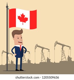 Businessman or politician under the flag of Canada against the backdrop of oil pumps. Vector illustration