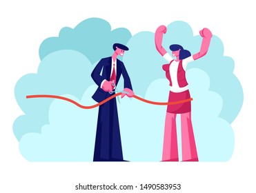 Businessman or Politician and Woman Partner Cutting Red Ribbon with Scissors on Grand Opening Ceremony Celebrating Start of New Institution, Open Presentation Event. Cartoon Flat Vector Illustration