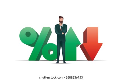 A businessman is pondering an idea. Percentage with up and down arrows. The concept of trading and trading on the finance exchange. Isolated. Vector.