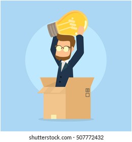 businessman pop up from box with idea light bulb