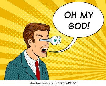 Businessman with popping eyes pop art retro vector illustration. Text bubble. Color background. Comic book style imitation.