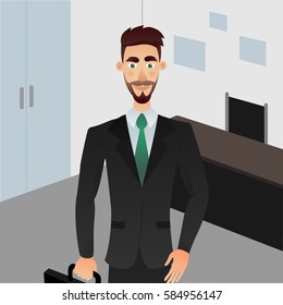 Businessman with portfolio on the office background. Cartoon style. Vector illustration.
