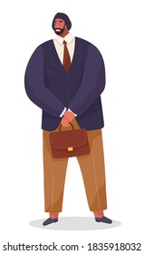 Businessman portrait, black executive man wearing jacket, shirt and tie, pants holding suitcase or portfolio, cartoon character in flat style, stylish young bearded office worker, employee avatar