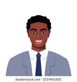 Businessman portrait. Elegant black man in business suit. Employee of business institution in uniform. Man office worker. Business avatar profile picture. Vector illustration