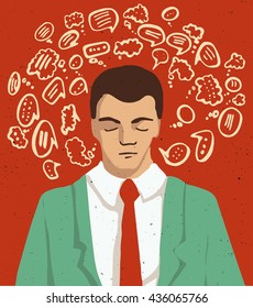 Businessman portrait - thinking man with speech clouds, business illustration