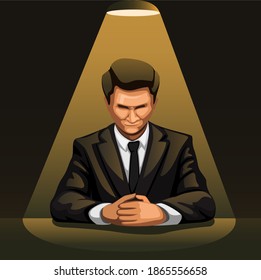 Businessman portrait under spotlight in dark room for interrogation concept in cartoon illustration vector