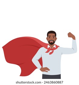 Businessman pose feel strong and costume like superhero. Flat vector illustration isolated on white background