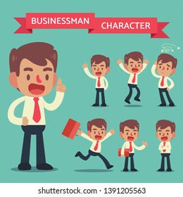 businessman pose and gestures stand pointing forefinger waving right hand  jumping with hands up cute character cartoon flat design style isolated vector art concept illustration