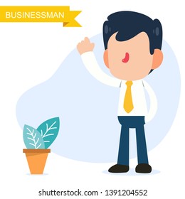 businessman pose and gestures waving right hand cute character cartoon flat design style isolated vector art concept illustration
