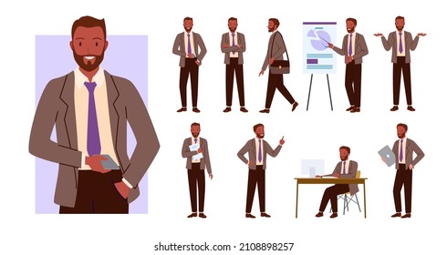 Businessman poses set vector illustration. Cartoon office worker character showing business presentation on lecture, man employee with beard holding phone and laptop, walking isolated on white