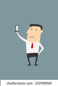 Businessman posing and making selfie shot. Cartoon vector illustration